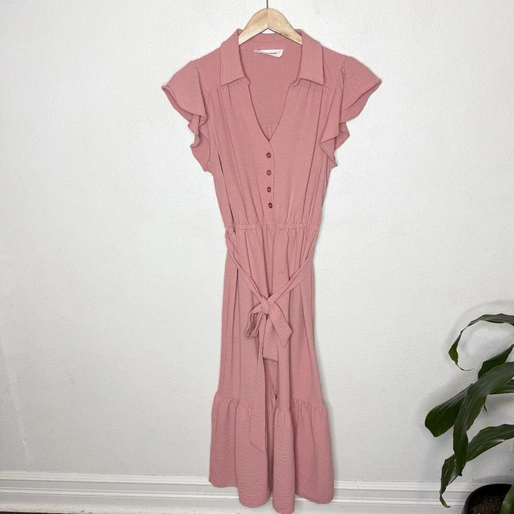 Lucky Brand Pink Cap Sleeve Shirt Midi Dress Womens Small Tie Collared Feminine‎